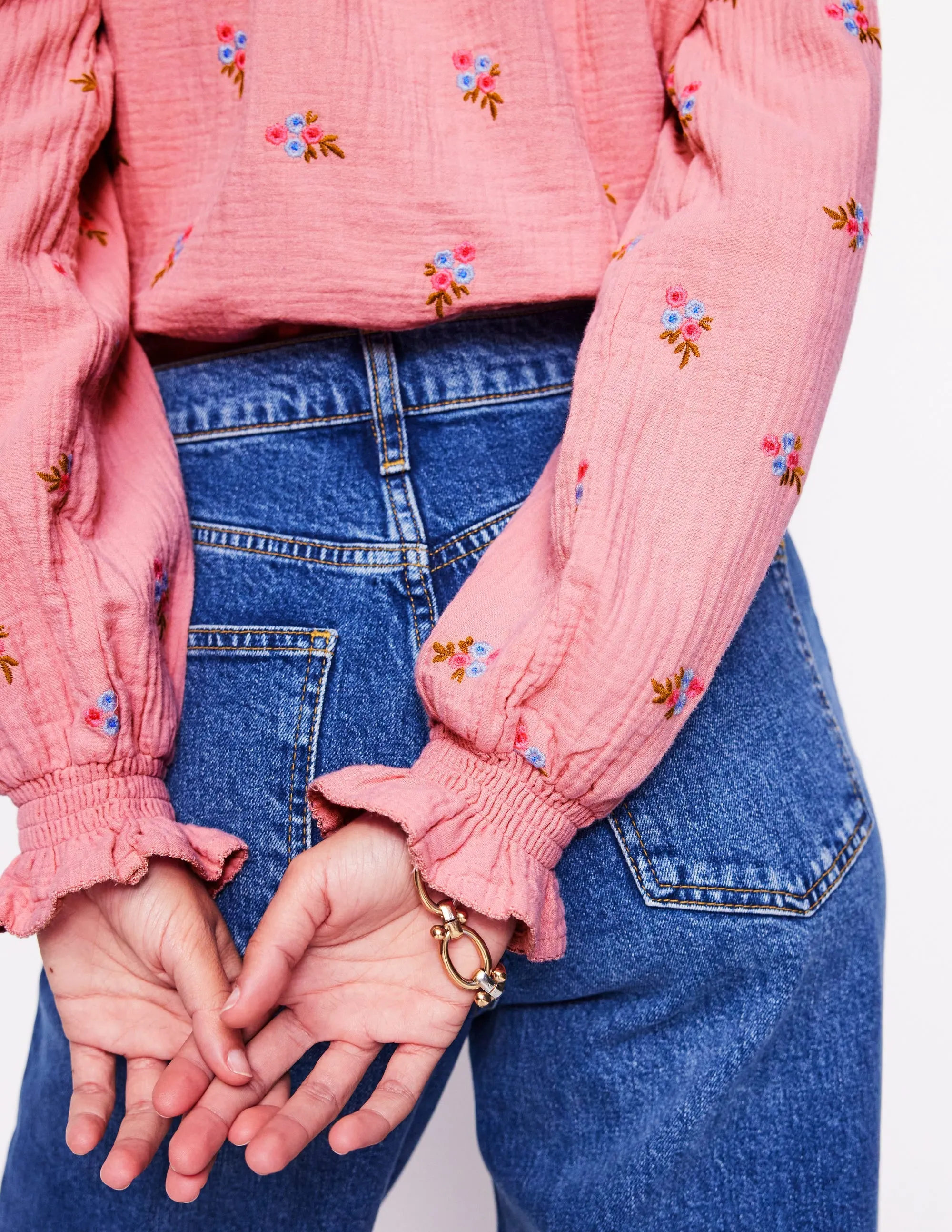 Evie Double Cloth Top-Almond Pink, Floral Embroidery