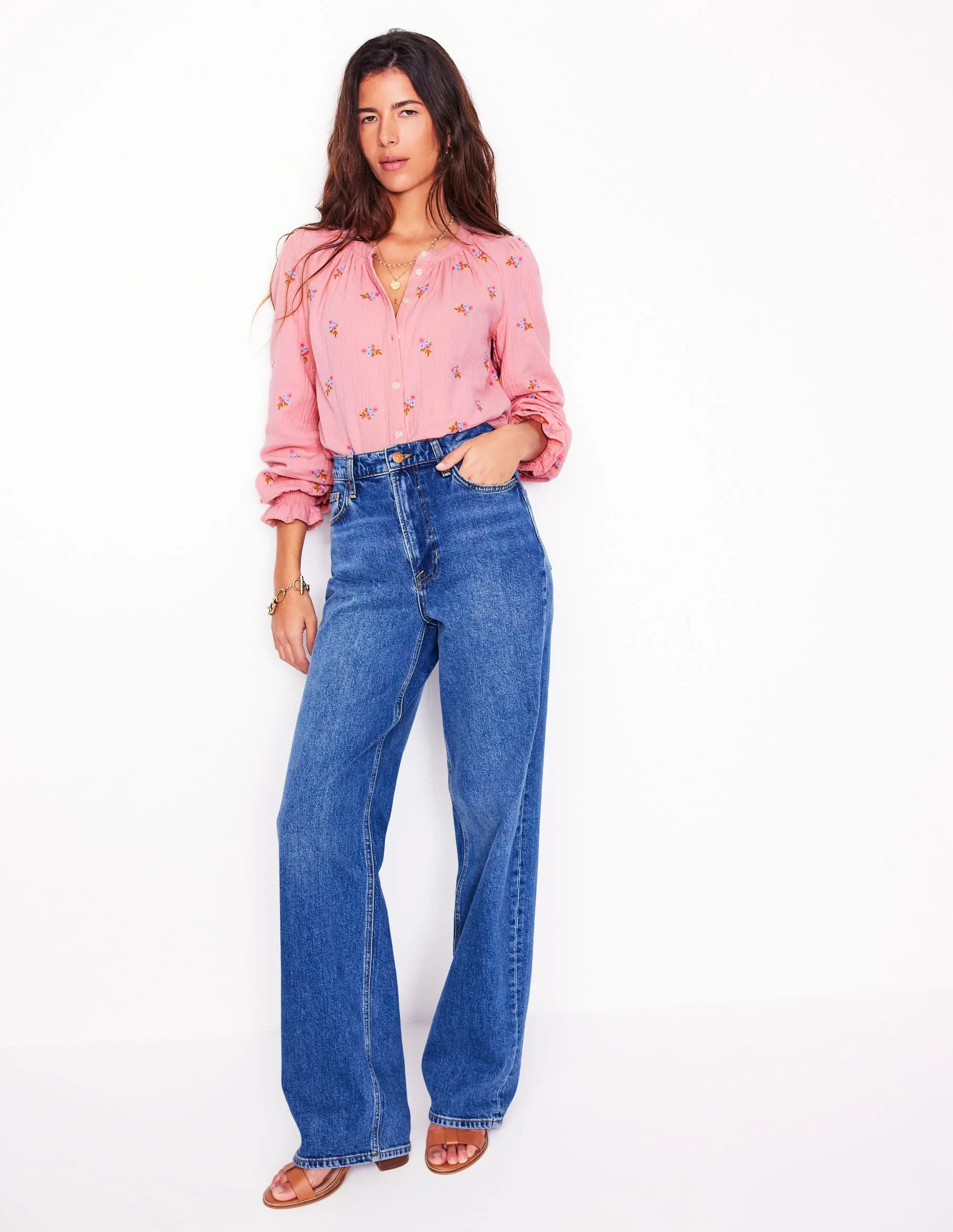 Evie Double Cloth Top-Almond Pink, Floral Embroidery