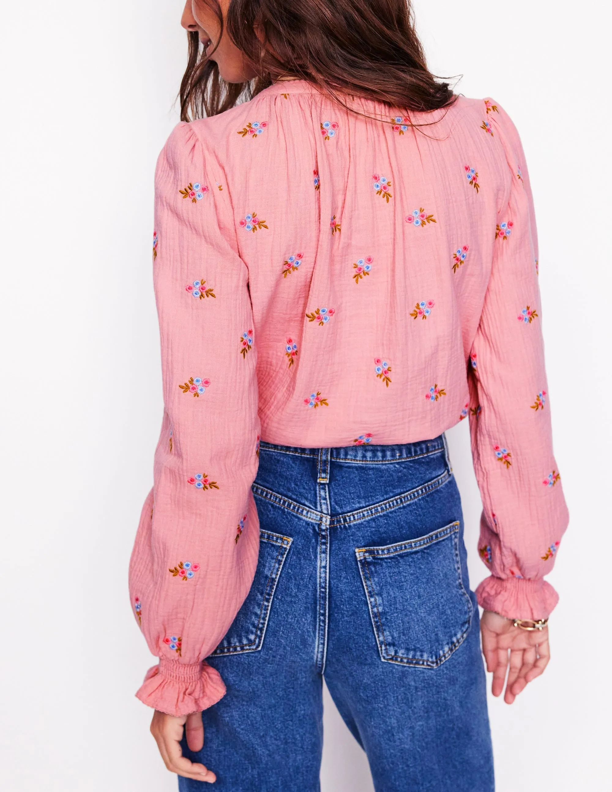 Evie Double Cloth Top-Almond Pink, Floral Embroidery