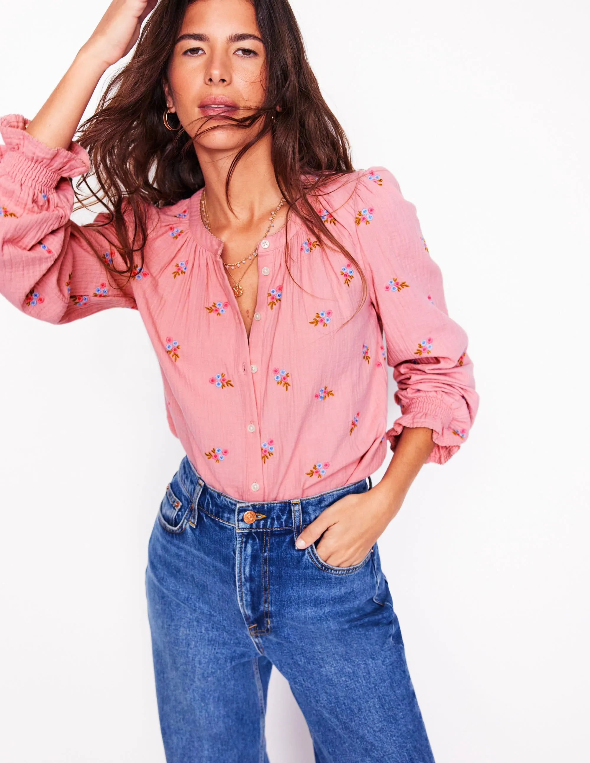 Evie Double Cloth Top-Almond Pink, Floral Embroidery