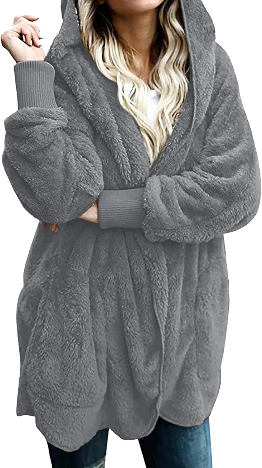 fartey Womens Oversized Fleece Jackets Zip Up Long Sleeve Hoodies Comfy Soft Fuzzy Sherpa Coats Outerwear with Pockets