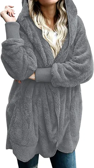 fartey Womens Oversized Fleece Jackets Zip Up Long Sleeve Hoodies Comfy Soft Fuzzy Sherpa Coats Outerwear with Pockets