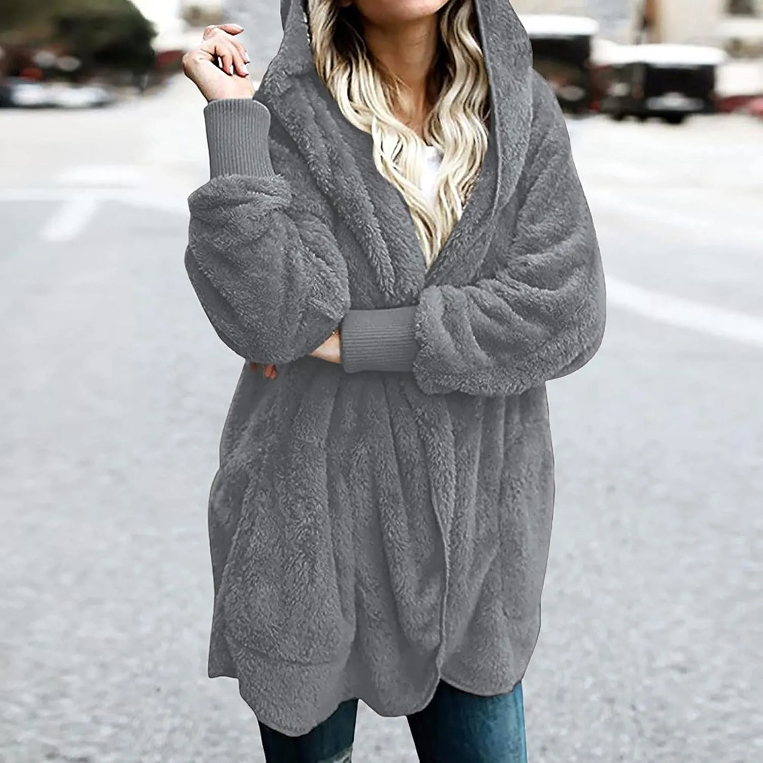 fartey Womens Oversized Fleece Jackets Zip Up Long Sleeve Hoodies Comfy Soft Fuzzy Sherpa Coats Outerwear with Pockets