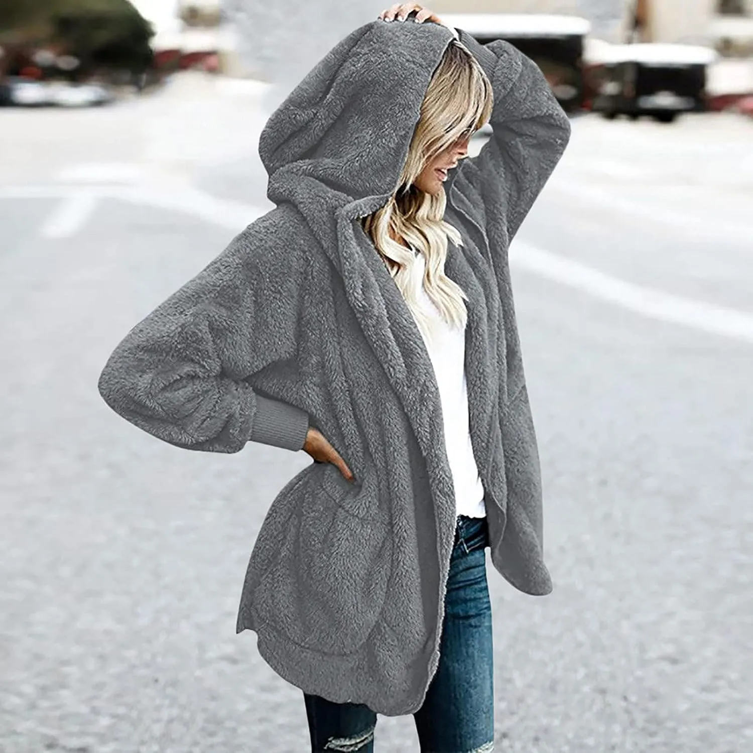 fartey Womens Oversized Fleece Jackets Zip Up Long Sleeve Hoodies Comfy Soft Fuzzy Sherpa Coats Outerwear with Pockets