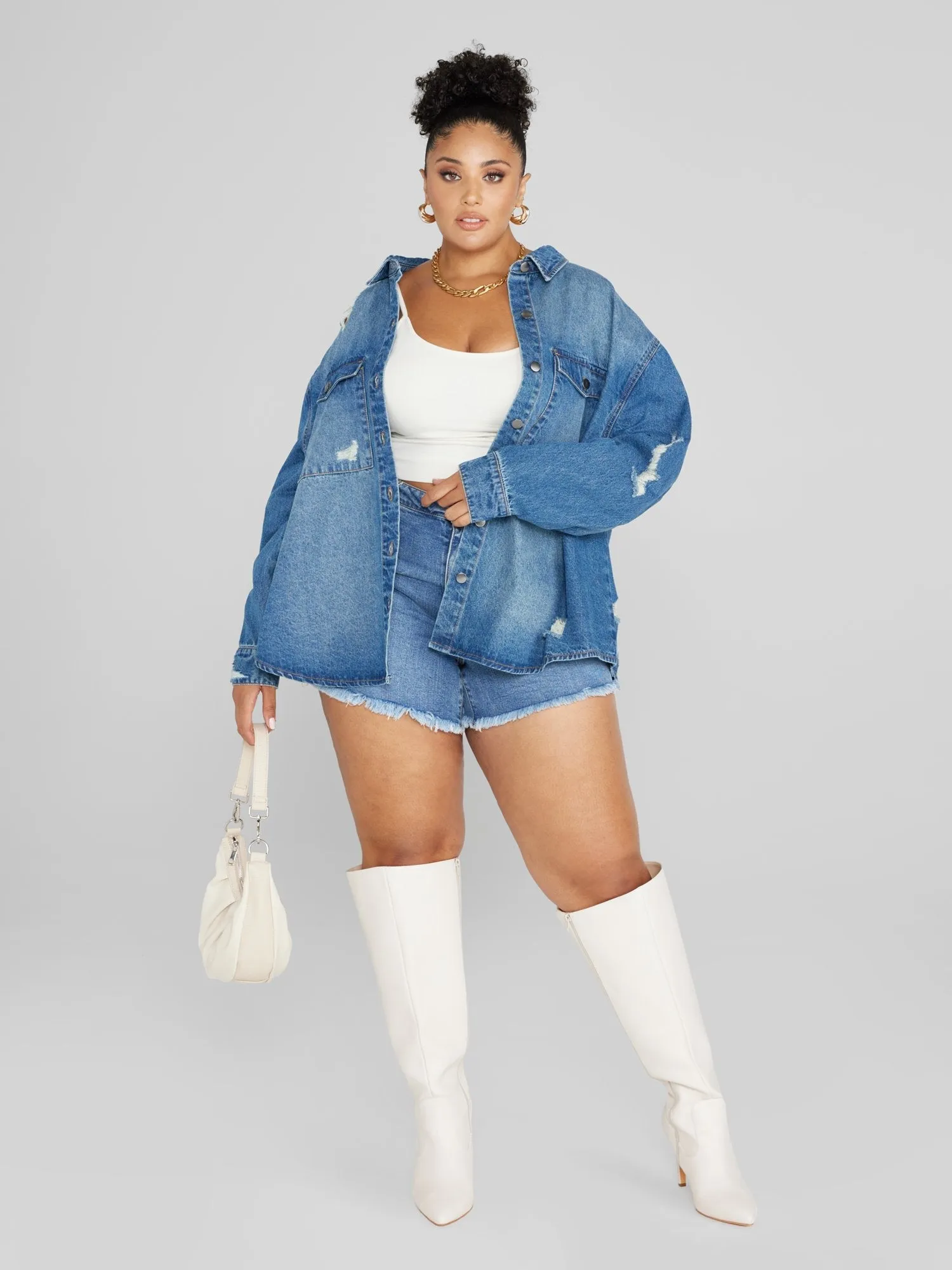 Fashion To Figure - Stella Destructed Button-Down Denim Shirt