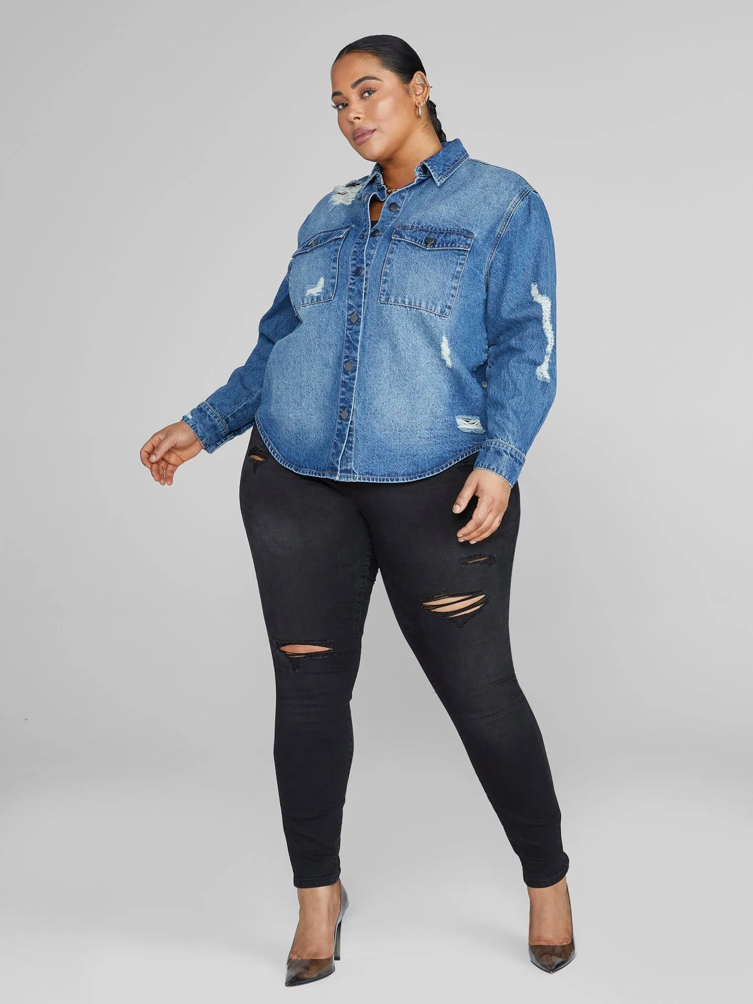 Fashion To Figure - Stella Destructed Button-Down Denim Shirt