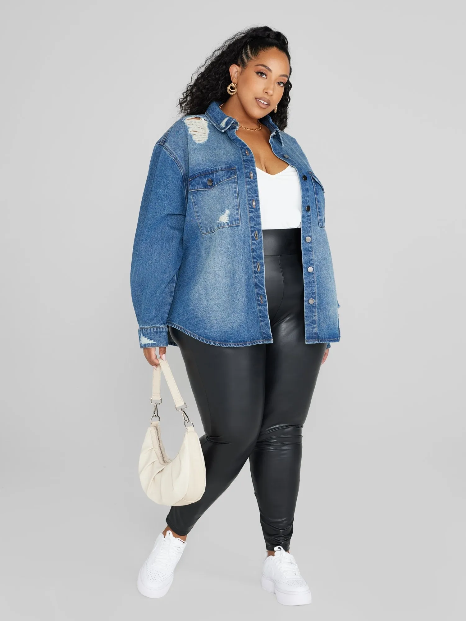 Fashion To Figure - Stella Destructed Button-Down Denim Shirt