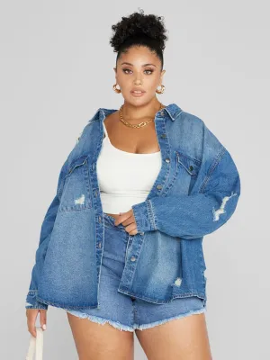 Fashion To Figure - Stella Destructed Button-Down Denim Shirt