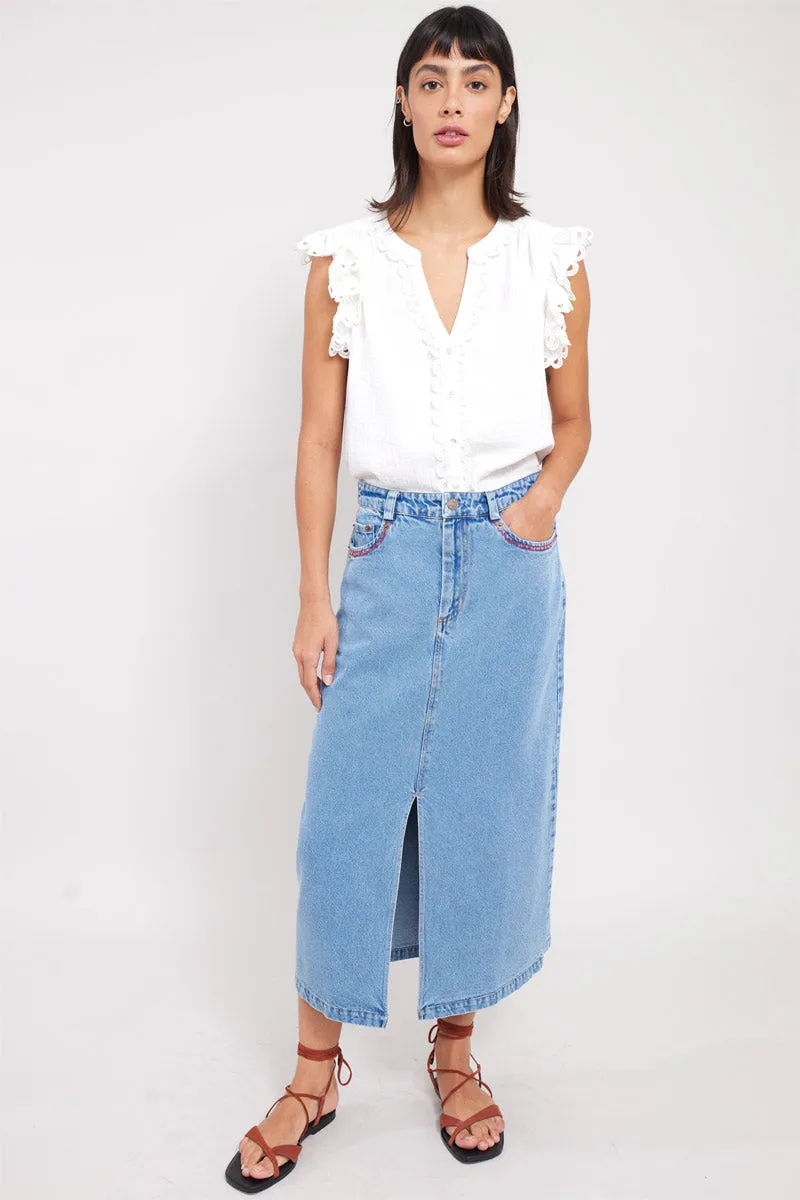 Feyre Embroidered Denim Skirt