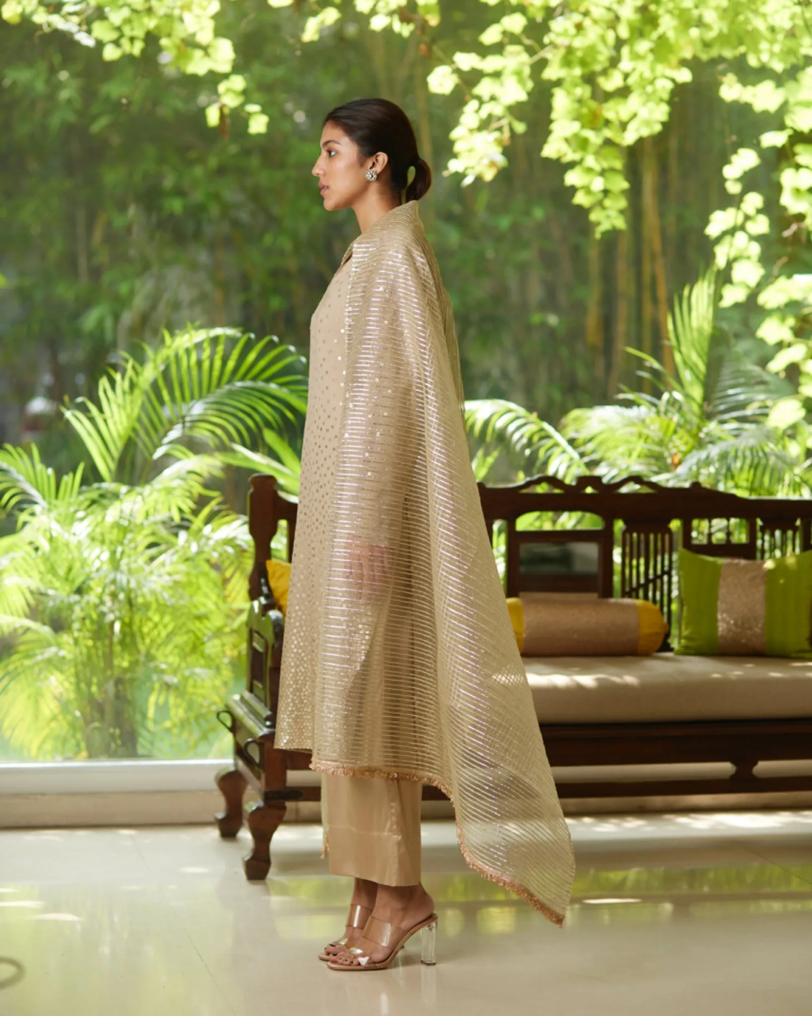 Gold Silver Satin Silk Kurta Pant Set