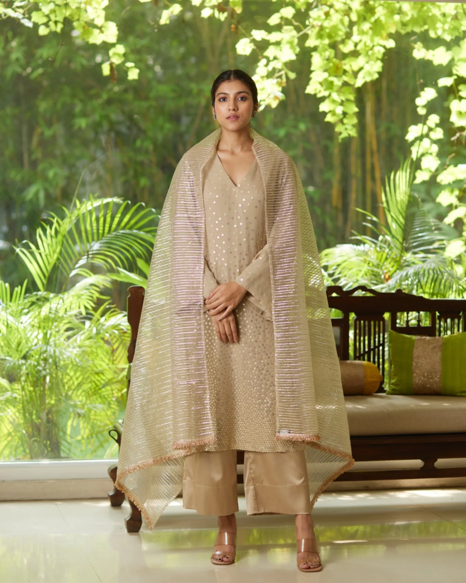 Gold Silver Satin Silk Kurta Pant Set