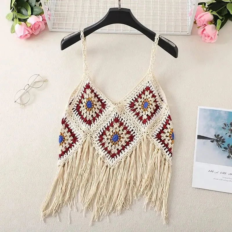 Hollow Out Sleeveless Frayed Crop Tops