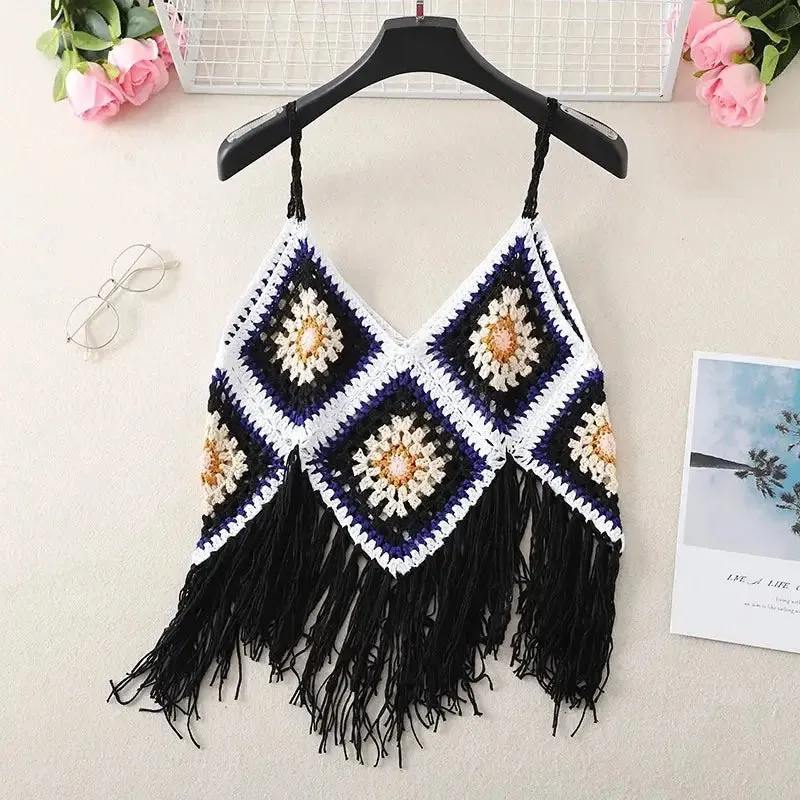 Hollow Out Sleeveless Frayed Crop Tops