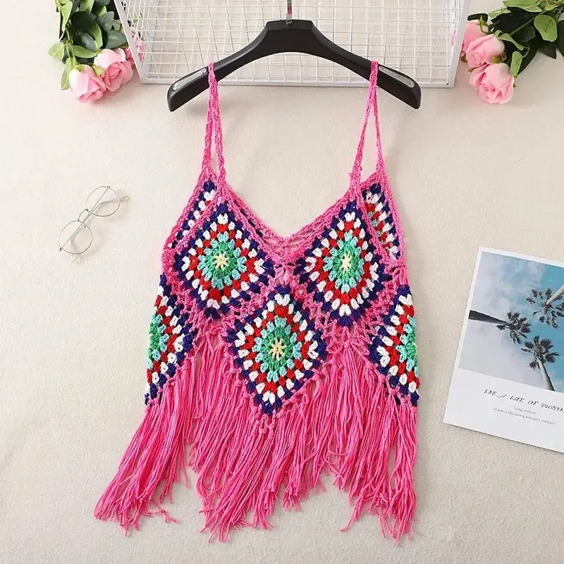 Hollow Out Sleeveless Frayed Crop Tops