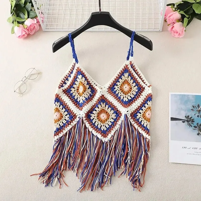 Hollow Out Sleeveless Frayed Crop Tops