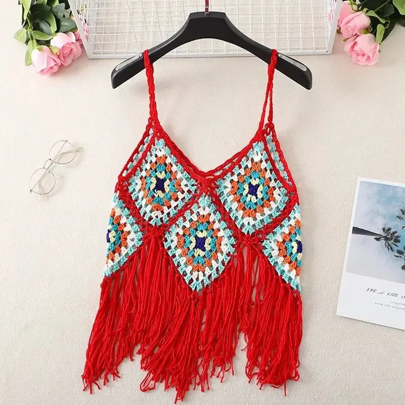 Hollow Out Sleeveless Frayed Crop Tops