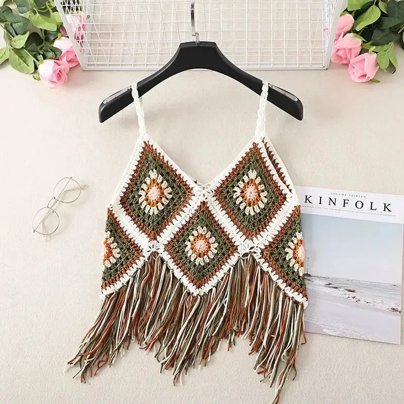 Hollow Out Sleeveless Frayed Crop Tops