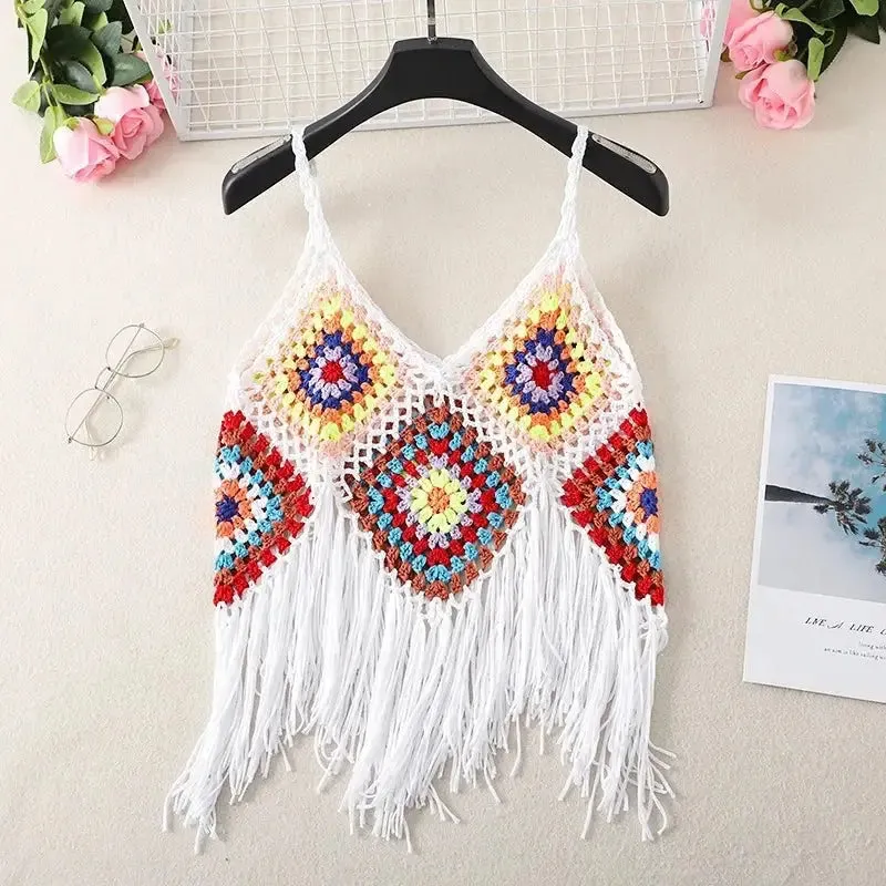 Hollow Out Sleeveless Frayed Crop Tops