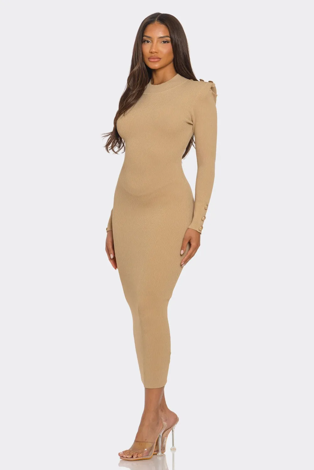 Knit Long Sleeve Dress w/ Shoulder Button Detail