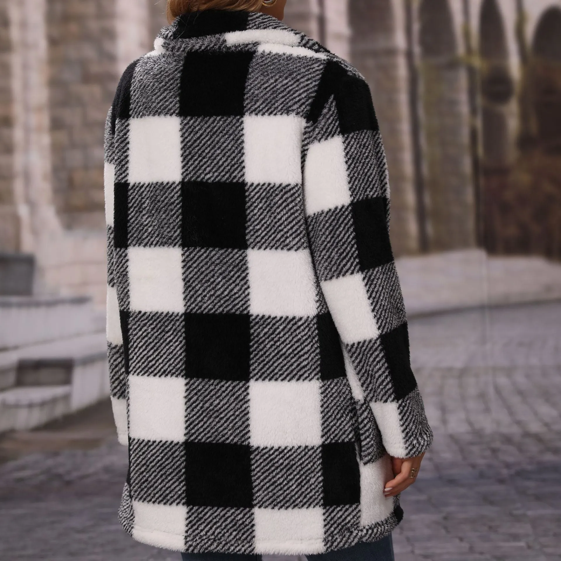Lapel Long Sleeves Loose Plaid Zipper Coat Wholesale Womens Clothing N3823111600034