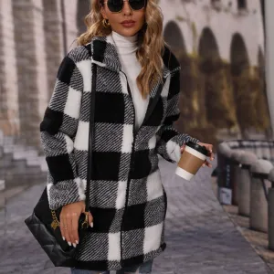 Lapel Long Sleeves Loose Plaid Zipper Coat Wholesale Womens Clothing N3823111600034