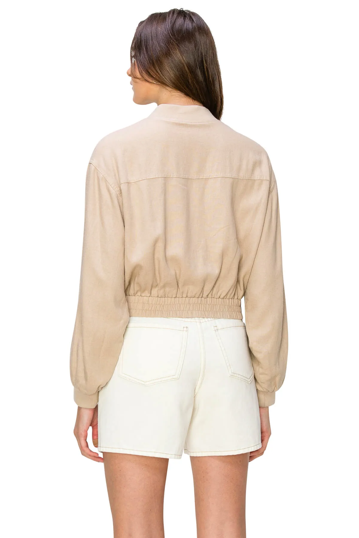 Linen Blend Utility Bomber Jacket - Cream