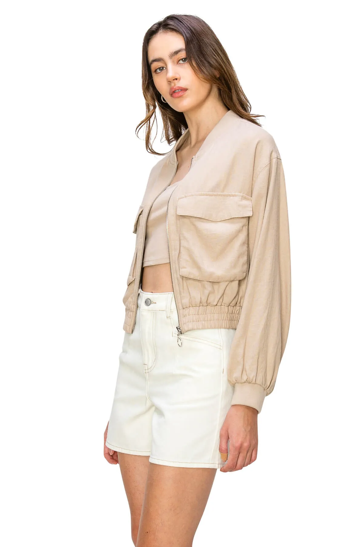 Linen Blend Utility Bomber Jacket - Cream