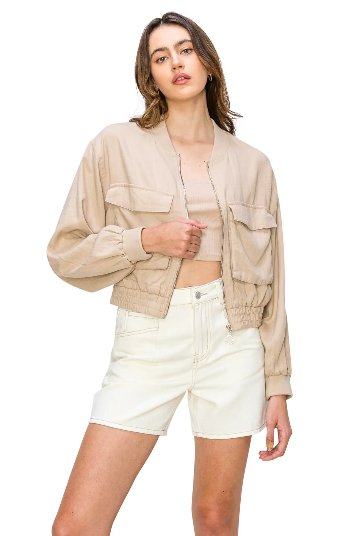 Linen Blend Utility Bomber Jacket - Cream