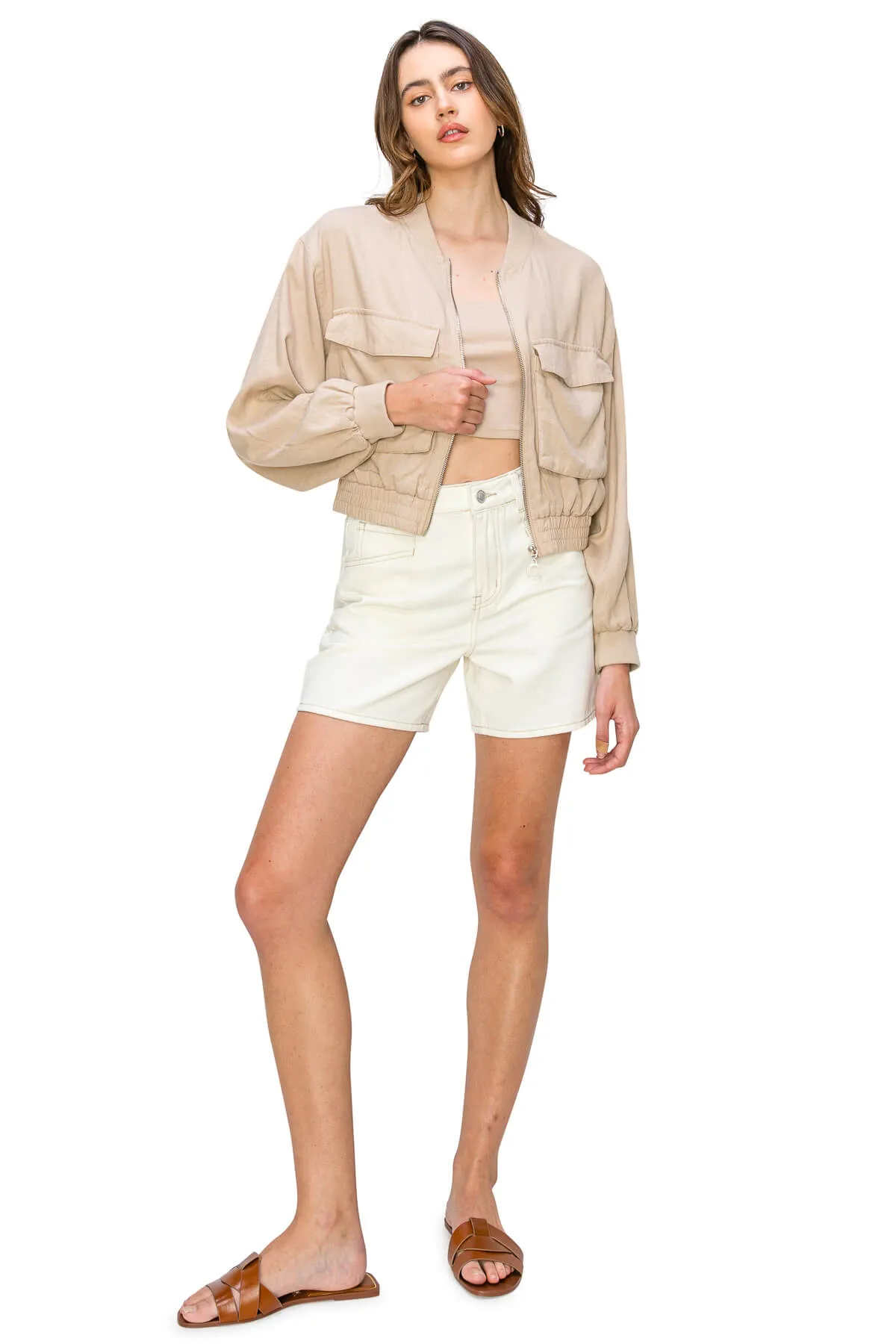 Linen Blend Utility Bomber Jacket - Cream