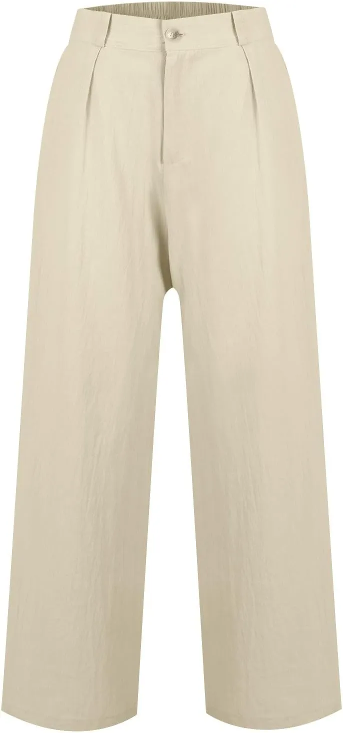 Linen Palazzo Pants for Women Dressy Business Casual High Waisted Teacher Pants Button Down Wide Leg Work Trousers