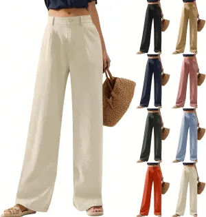 Linen Palazzo Pants for Women Dressy Business Casual High Waisted Teacher Pants Button Down Wide Leg Work Trousers