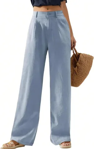 Linen Palazzo Pants for Women Dressy Business Casual High Waisted Teacher Pants Button Down Wide Leg Work Trousers