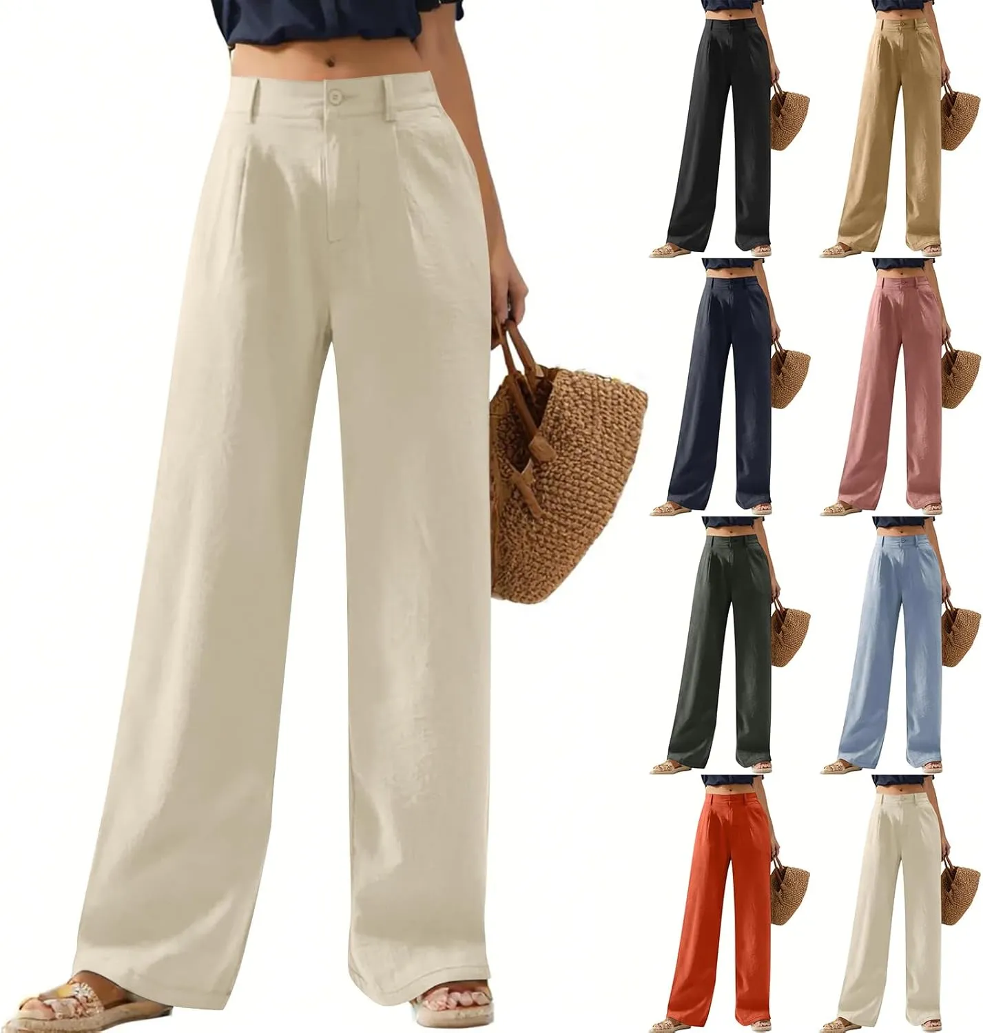 Linen Palazzo Pants for Women Dressy Business Casual High Waisted Teacher Pants Button Down Wide Leg Work Trousers