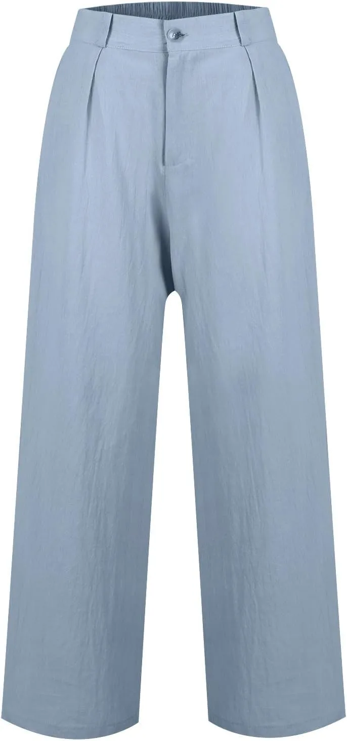 Linen Palazzo Pants for Women Dressy Business Casual High Waisted Teacher Pants Button Down Wide Leg Work Trousers