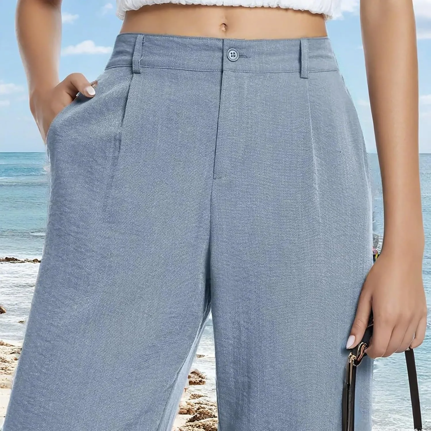 Linen Palazzo Pants for Women Dressy Business Casual High Waisted Teacher Pants Button Down Wide Leg Work Trousers