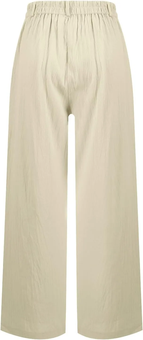 Linen Palazzo Pants for Women Dressy Business Casual High Waisted Teacher Pants Button Down Wide Leg Work Trousers