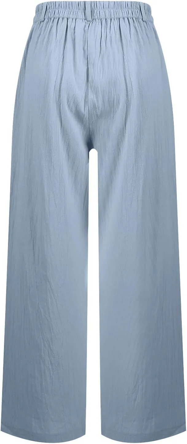 Linen Palazzo Pants for Women Dressy Business Casual High Waisted Teacher Pants Button Down Wide Leg Work Trousers