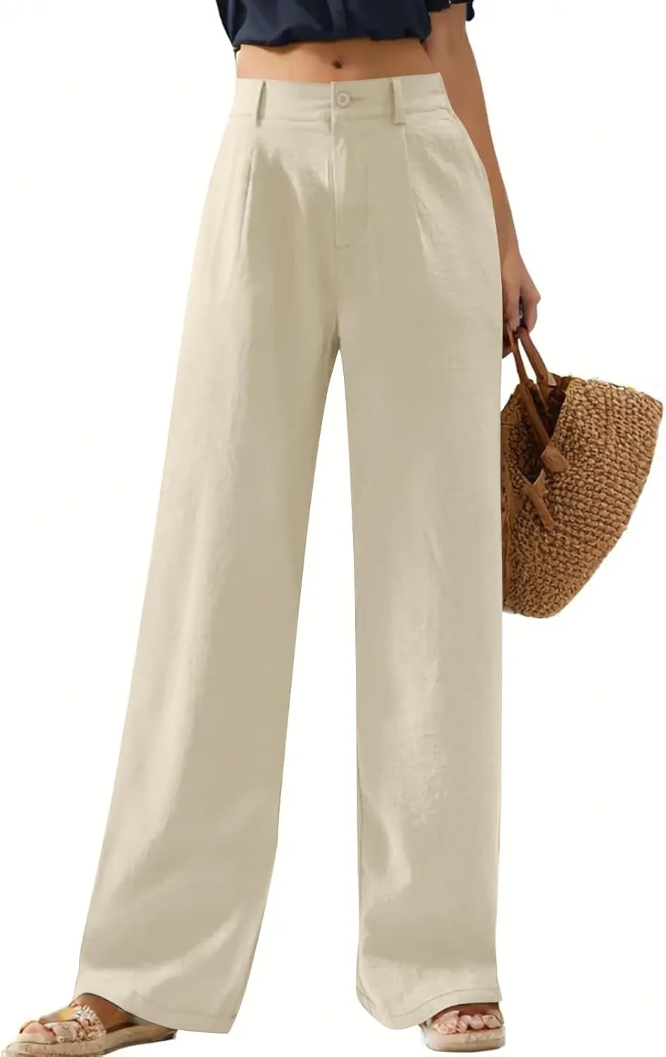 Linen Palazzo Pants for Women Dressy Business Casual High Waisted Teacher Pants Button Down Wide Leg Work Trousers