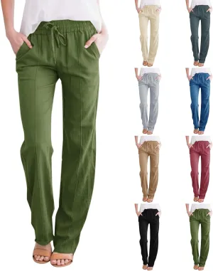 Linen Pants Women Summer Casual Loose Plus Size Straight Leg Pants Drawstring High Waisted Pants Trousers with Pockets