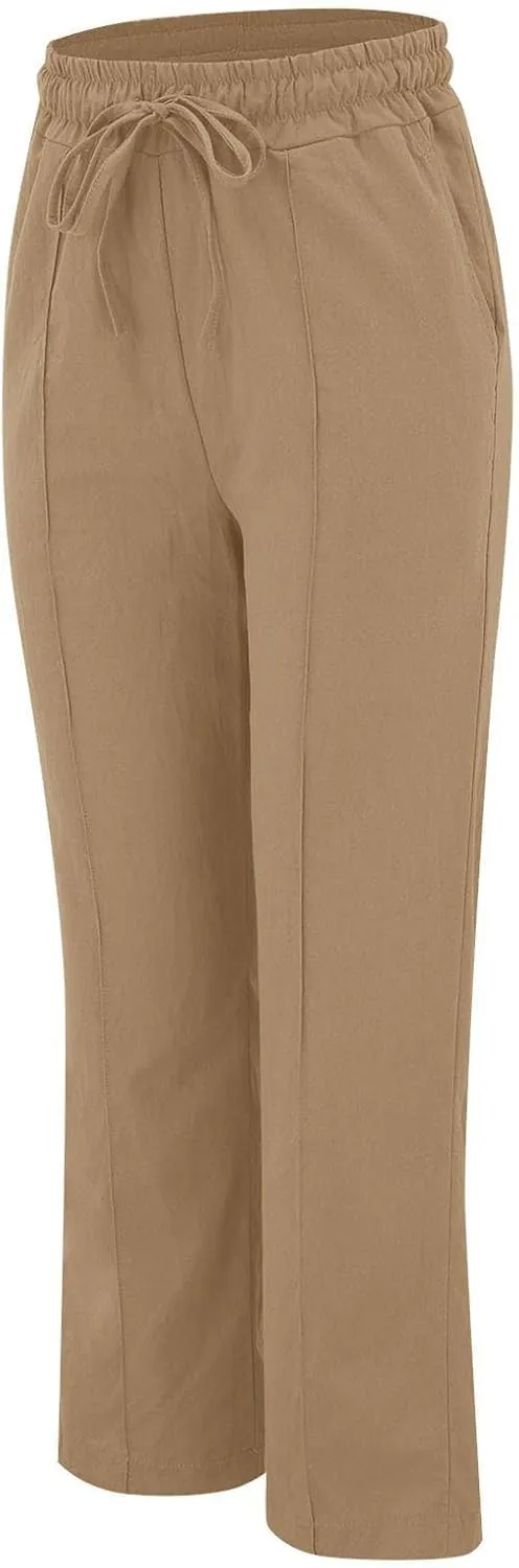 Linen Pants Women Summer Casual Loose Plus Size Straight Leg Pants Drawstring High Waisted Pants Trousers with Pockets