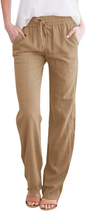 Linen Pants Women Summer Casual Loose Plus Size Straight Leg Pants Drawstring High Waisted Pants Trousers with Pockets