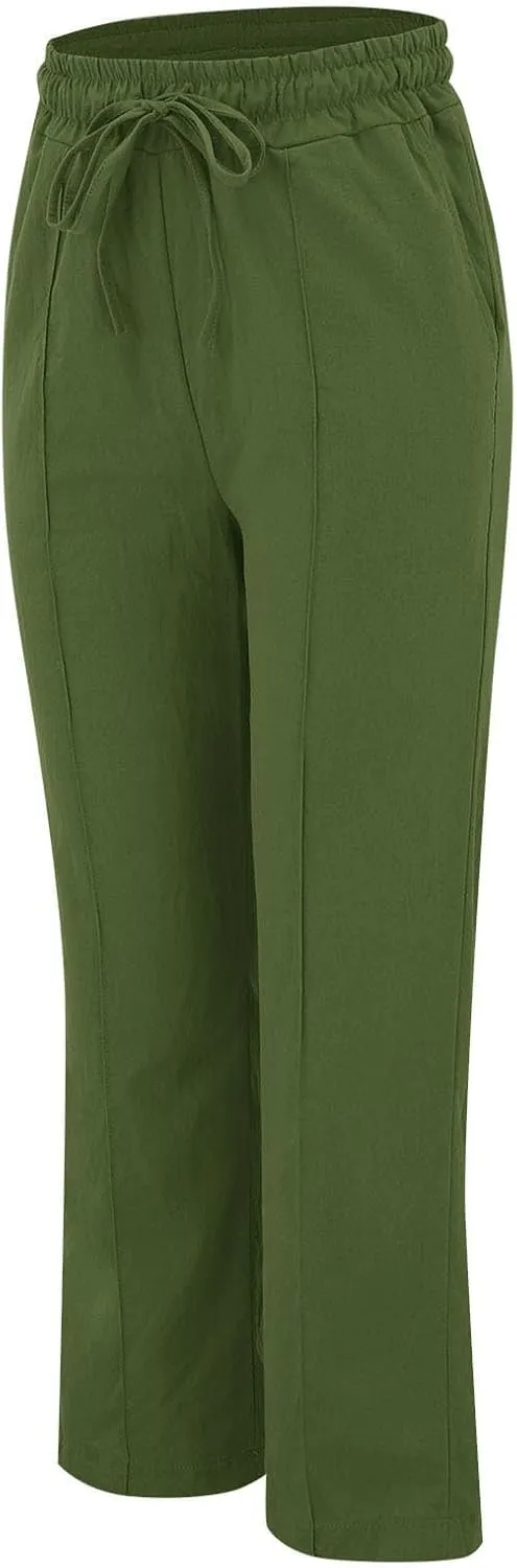 Linen Pants Women Summer Casual Loose Plus Size Straight Leg Pants Drawstring High Waisted Pants Trousers with Pockets