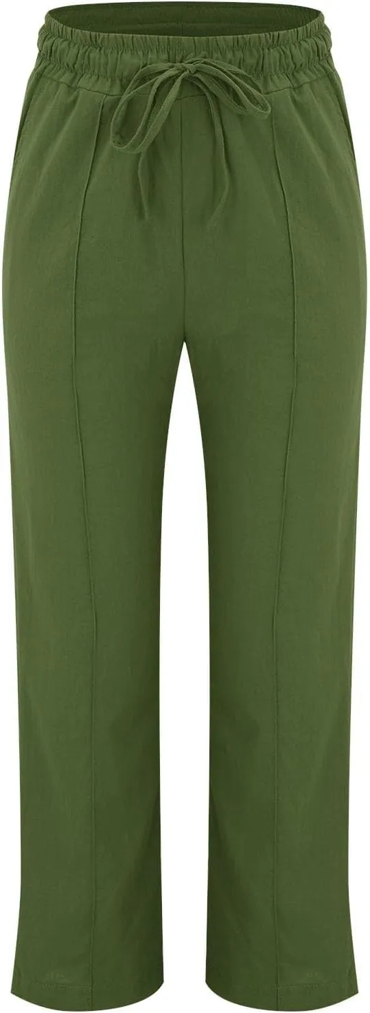 Linen Pants Women Summer Casual Loose Plus Size Straight Leg Pants Drawstring High Waisted Pants Trousers with Pockets