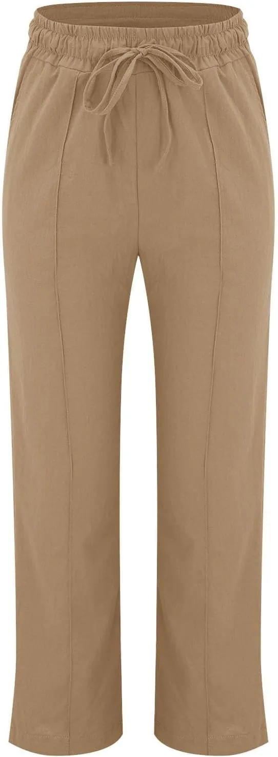 Linen Pants Women Summer Casual Loose Plus Size Straight Leg Pants Drawstring High Waisted Pants Trousers with Pockets