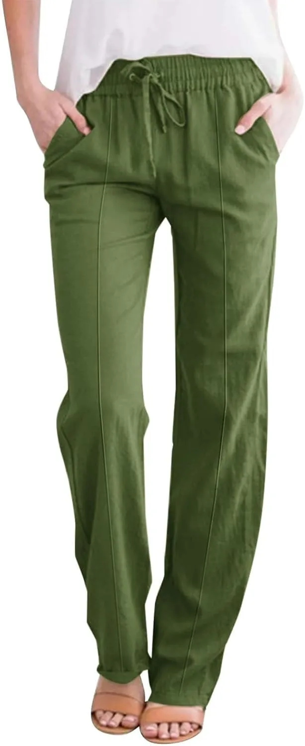 Linen Pants Women Summer Casual Loose Plus Size Straight Leg Pants Drawstring High Waisted Pants Trousers with Pockets