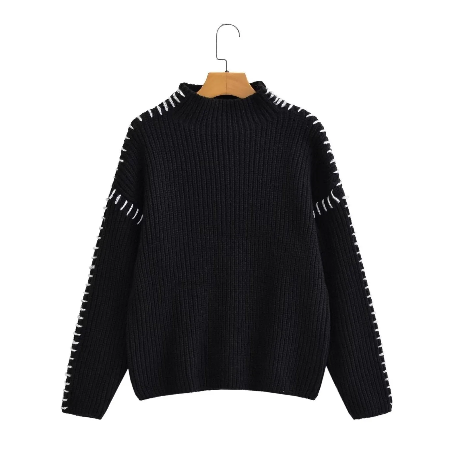 Long Sleeve Ribbed Contrast Stitch Turtleneck Sweater