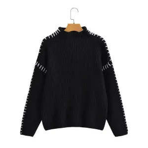 Long Sleeve Ribbed Contrast Stitch Turtleneck Sweater