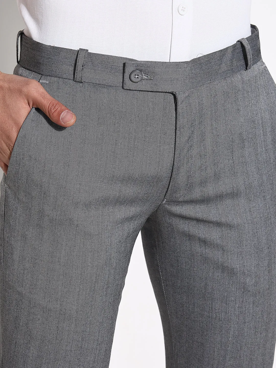 Men Grey Solid Formal Low-Rise Trousers