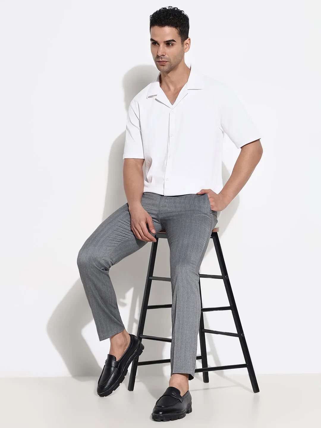 Men Grey Solid Formal Low-Rise Trousers