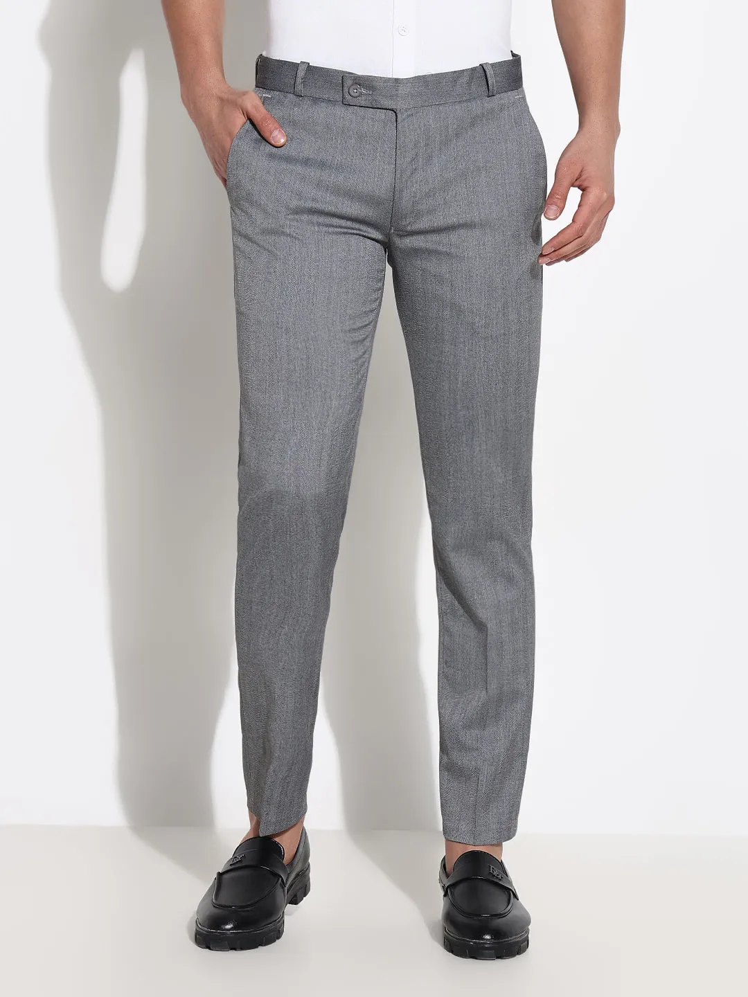 Men Grey Solid Formal Low-Rise Trousers